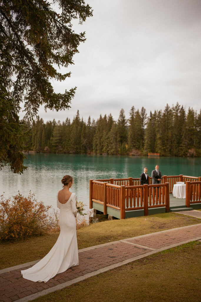 Elopement on dock at Fairmont Jasper Park Lodge