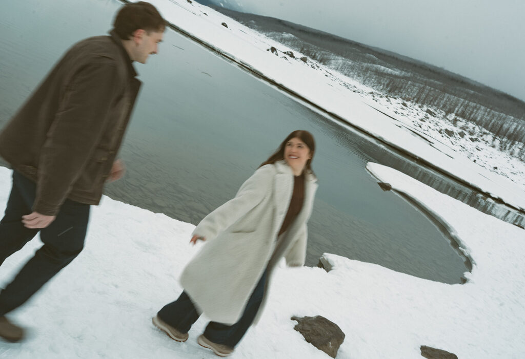 Snowy landscape at Medicine Lake in Jasper National Park during engagement session