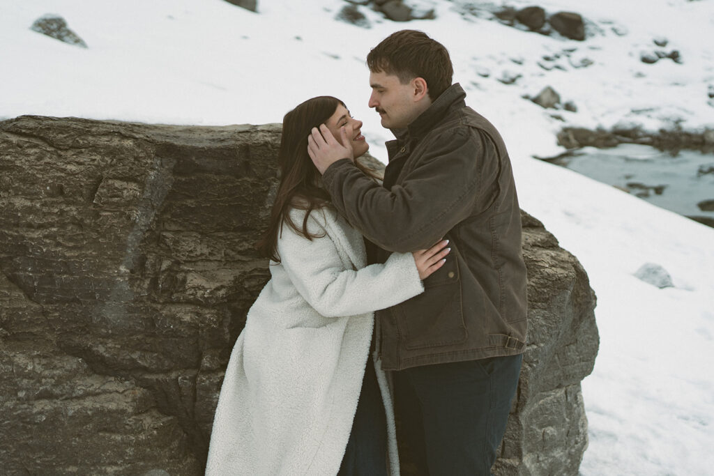 Natural candid engagement photos with wildlife in Jasper National Park