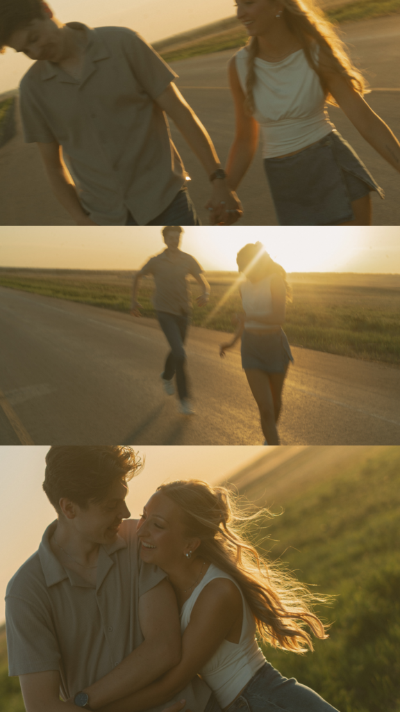 Young couple laughing together while riding bikes during a storytelling engagement session in Lloydminster.