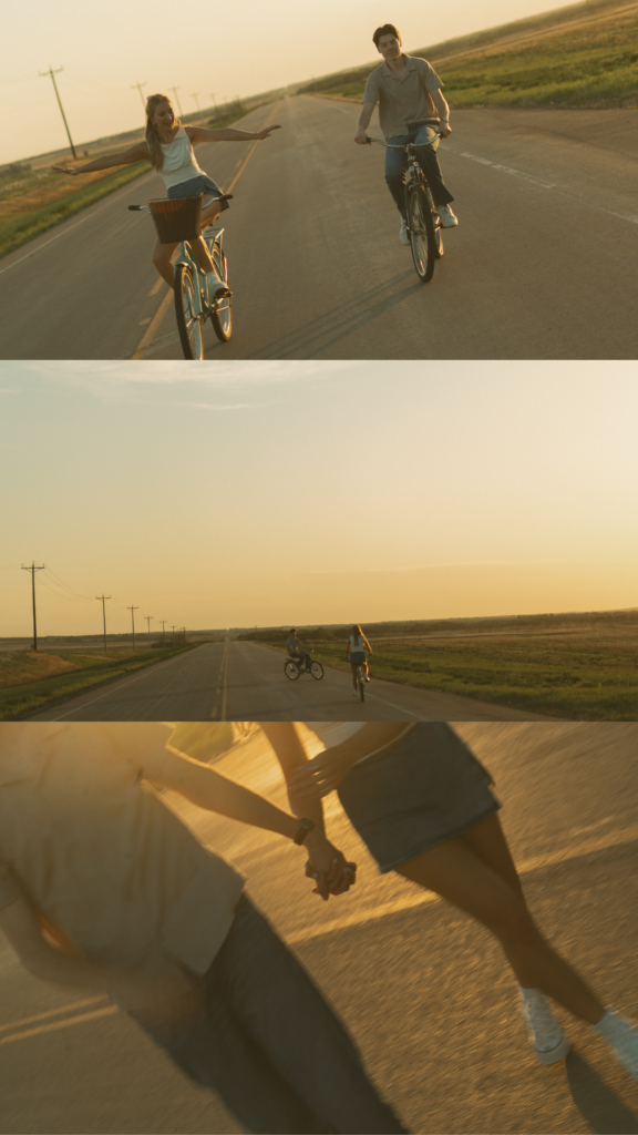 Young couple laughing together while riding bikes during a storytelling engagement session in Lloydminster.