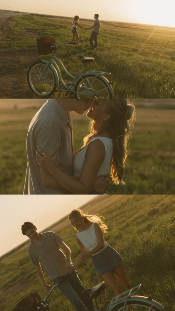 Couple embracing in warm sunset light during a nostalgic prairie couples session.