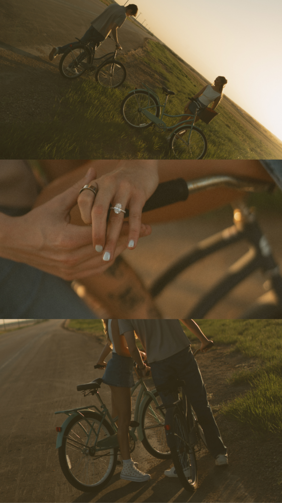 Young couple laughing together while riding bikes during a storytelling engagement session in Lloydminster.