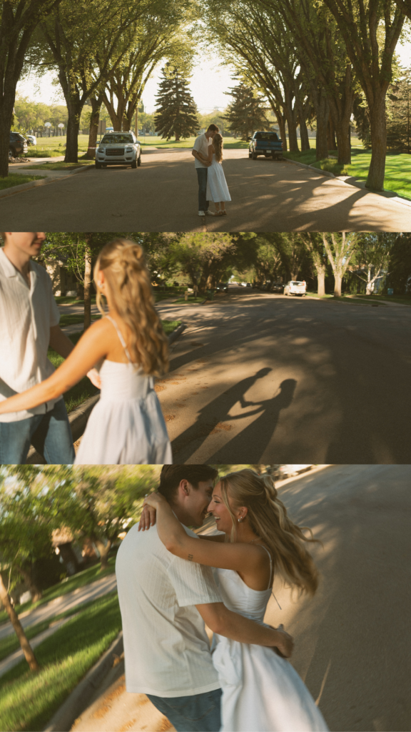 Playful engagement photo of a couple walking through a tree-lined neighborhood in Lloydminster.