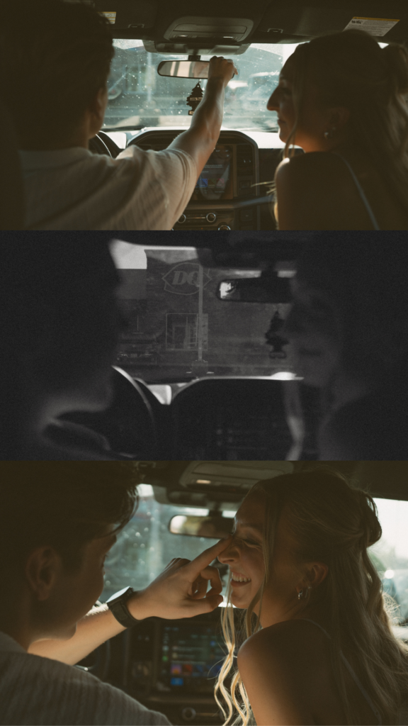 Couple sharing a quiet candid moment in a truck during a storytelling Lloydminster engagement shoot.