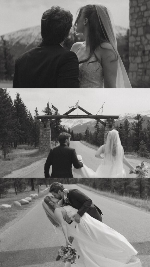 Romantic bridal portraits with mountain views at Fairmont Jasper Park Lodge.