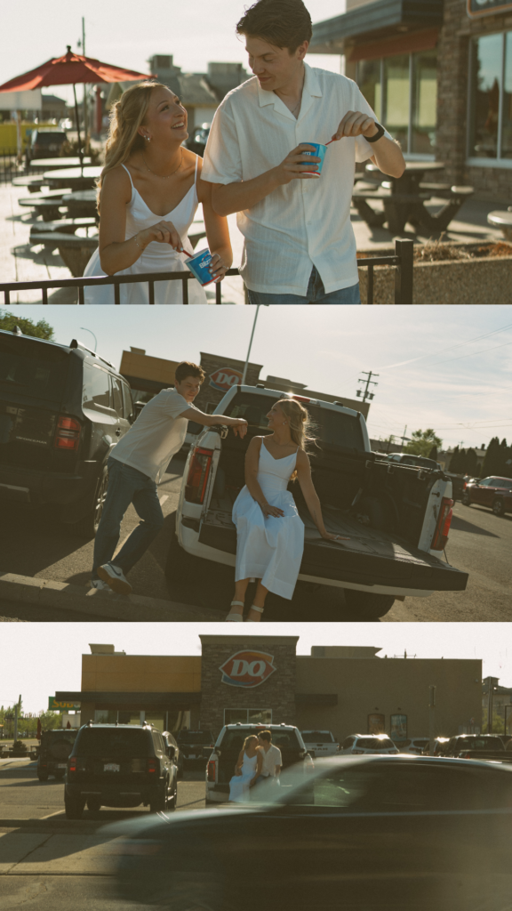 Couple sharing a quiet candid moment in a truck during a storytelling Lloydminster engagement shoot.