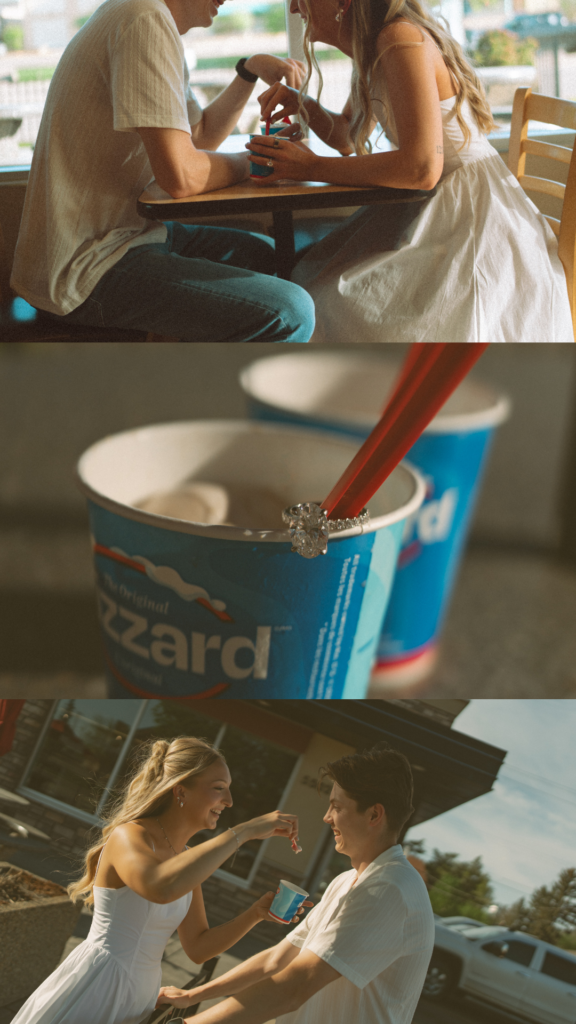 Engagement ring placed on a Dairy Queen Blizzard cup during a fun summer couples photoshoot.